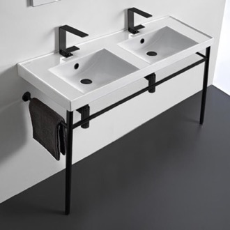 Console Bathroom Sink Double Ceramic Console Sink and Matte Black Stand, 48